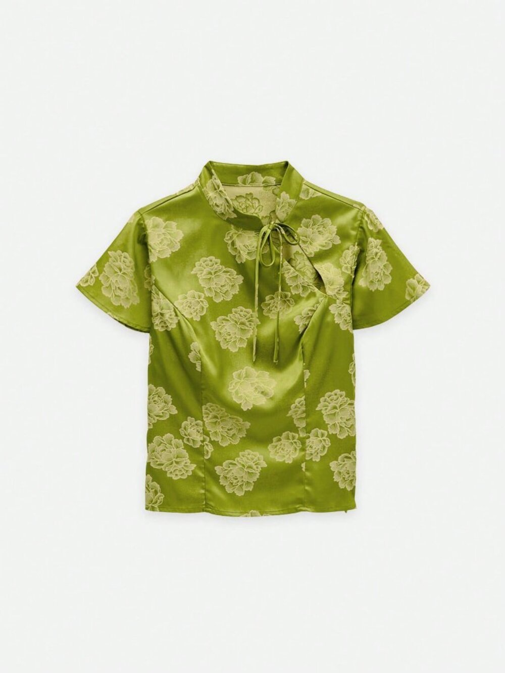Green Elegant Women's Floral Top Featuring A Mandarin Collar - Picture 6 of 8